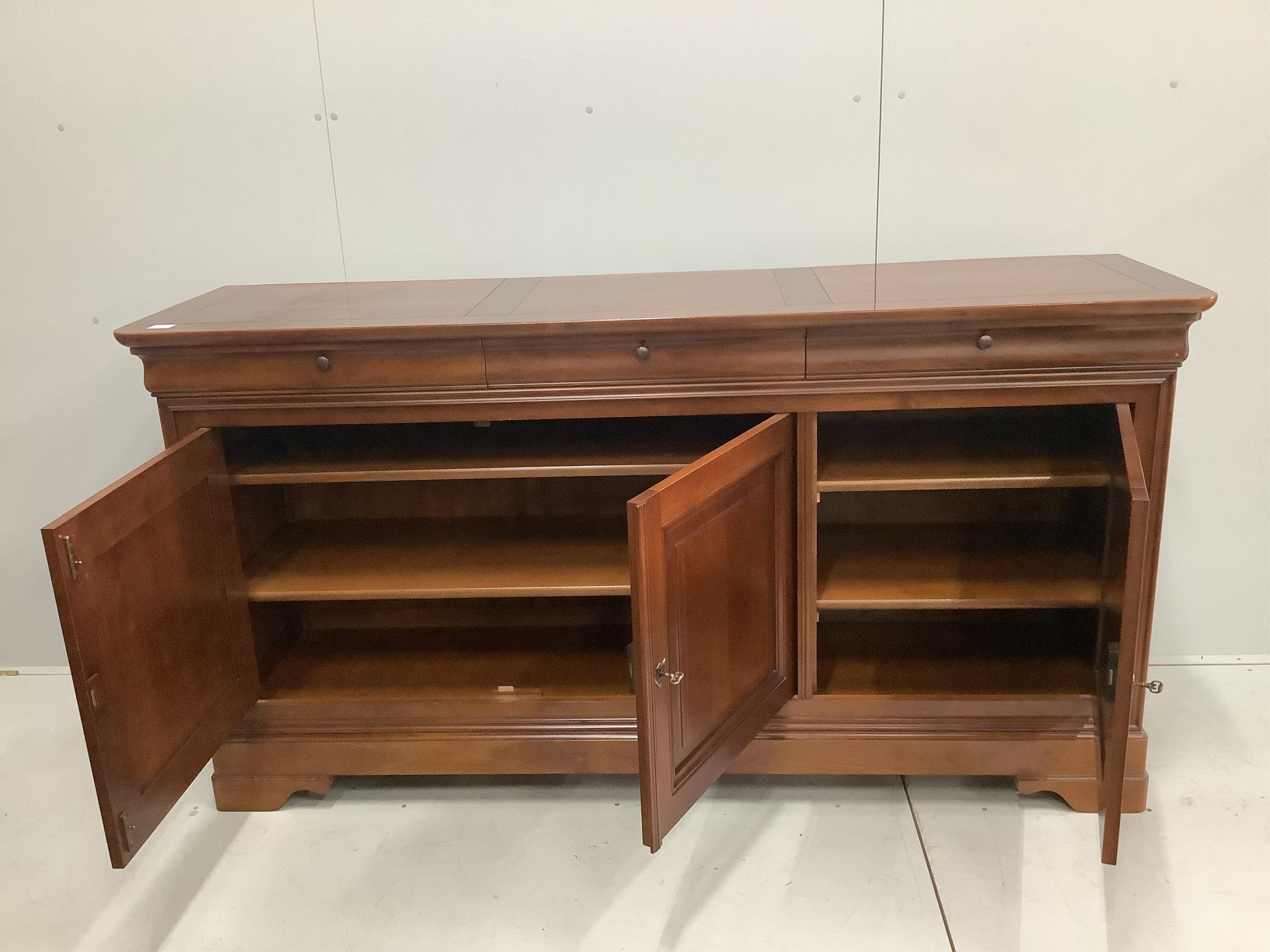 A reproduction French style cherry sideboard, width 191cm, depth 55cm, height 100cm. Condition - good